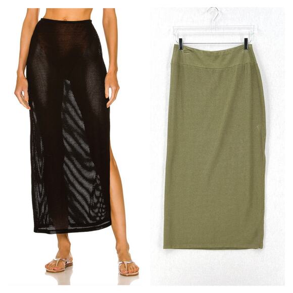 ENZA COSTA Open Knit Midi Skirt Women Medium Green High Rise Stretch Layering - Picture 1 of 16